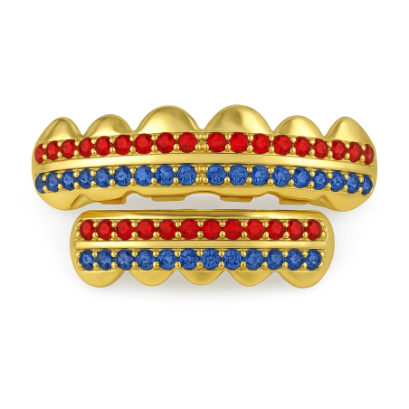 Grillz Dent Ornement Or et Diamant Rouge et Bleu
