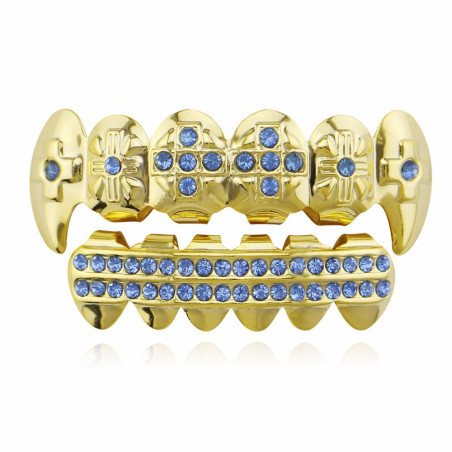 Vampire Fang Grillz "Blue Moon" Gold and Blue Diamond Ornament